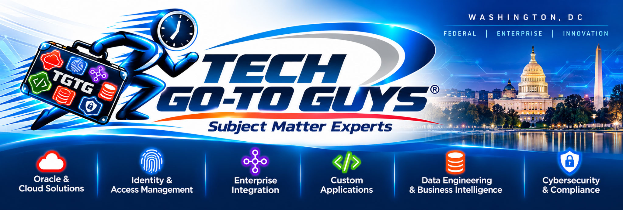 Tech Go-To Guys — Subject Matter Experts. Oracle and Cloud Solutions, Identity and Access Management, Enterprise Integration, Custom Applications, Data Engineering and Business Intelligence, Cybersecurity and Compliance.